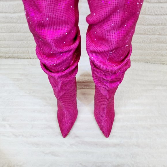 Radiant Fuchsia Pink Rhinestone High Heel Slouch Knee High Boots - Picture 5 of 11